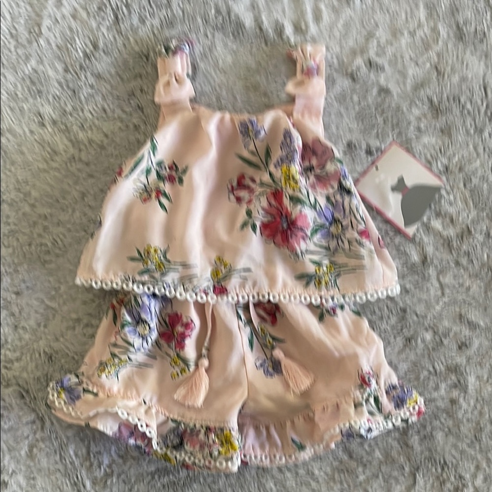 Rare Editions Floral Baby Romper with tassels Trim